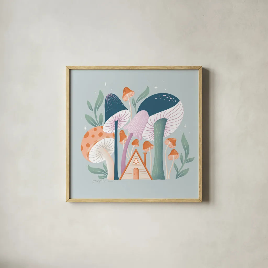 Fantastic Fungi VI by Gia Graham. Shown in a natural wood glass frame for a timeless modern aesthetic. Available as an archival giclee rolled canvas, fine art paper, or poster print. SKU 83686a.