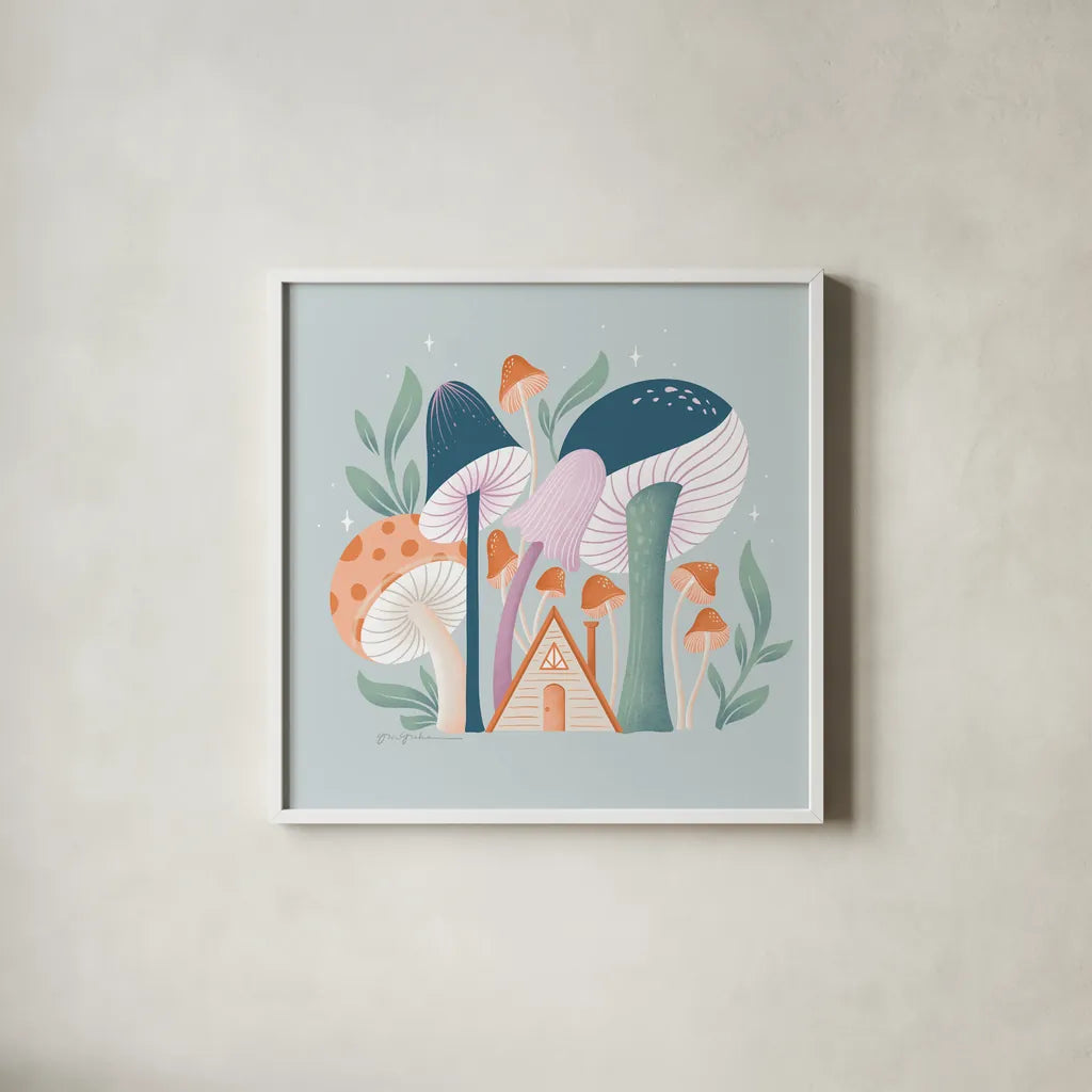 Fantastic Fungi VI by Gia Graham. Shown in a crisp white glass frame for a clean and minimalist style. Available as an archival giclee rolled canvas, fine art paper, or poster print. SKU 83686a.