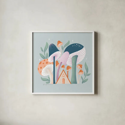 Fantastic Fungi VI by Gia Graham. Shown in a crisp white glass frame for a clean and minimalist style. Available as an archival giclee rolled canvas, fine art paper, or poster print. SKU 83686a.