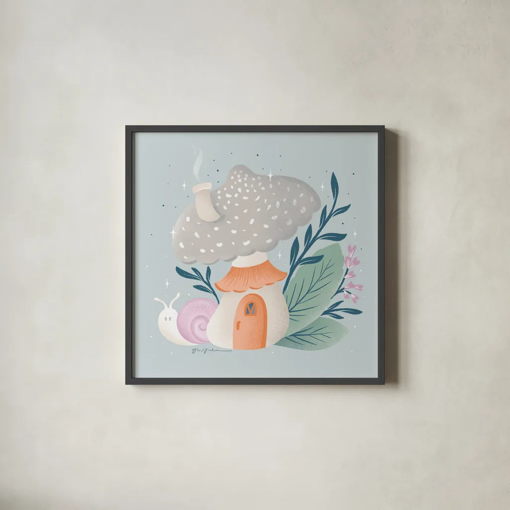Fantastic Fungi VII by Gia Graham. Shown in a sleek black glass frame for a contemporary gallery look. Available as an archival giclee rolled canvas, fine art paper, or poster print. SKU 83687a.