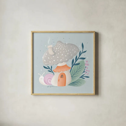 Fantastic Fungi VII by Gia Graham. Shown in a natural wood glass frame for a timeless modern aesthetic. Available as an archival giclee rolled canvas, fine art paper, or poster print. SKU 83687a.