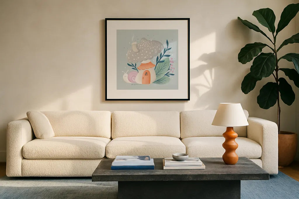 Fantastic Fungi VII by Gia Graham. Displayed in a glass frame with matte in a clean modern living room. Available as an archival giclee rolled canvas, fine art paper, or poster print. SKU 83687a.