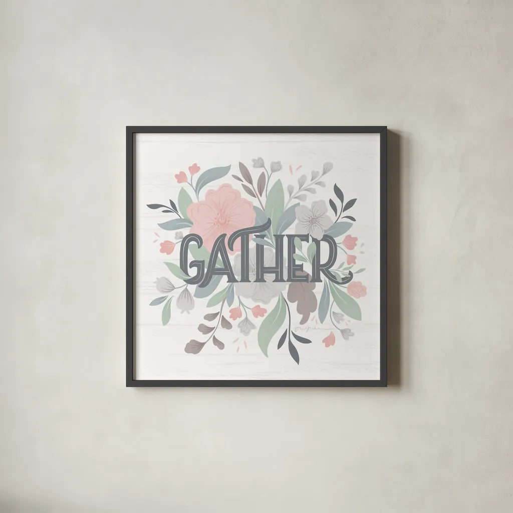 Farmhouse Floral I by Gia Graham. Shown in a sleek black glass frame for a contemporary gallery look. Available as an archival giclee rolled canvas, fine art paper, or poster print. SKU 68796a.