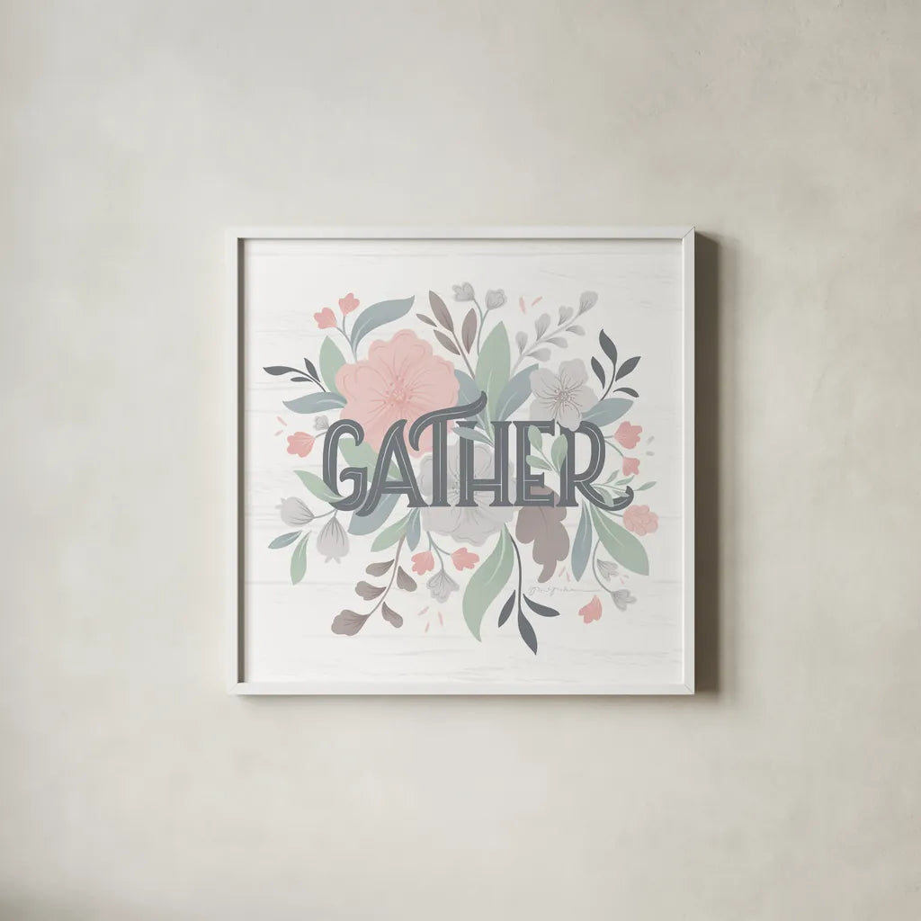 Farmhouse Floral I by Gia Graham. Shown in a crisp white glass frame for a clean and minimalist style. Available as an archival giclee rolled canvas, fine art paper, or poster print. SKU 68796a.