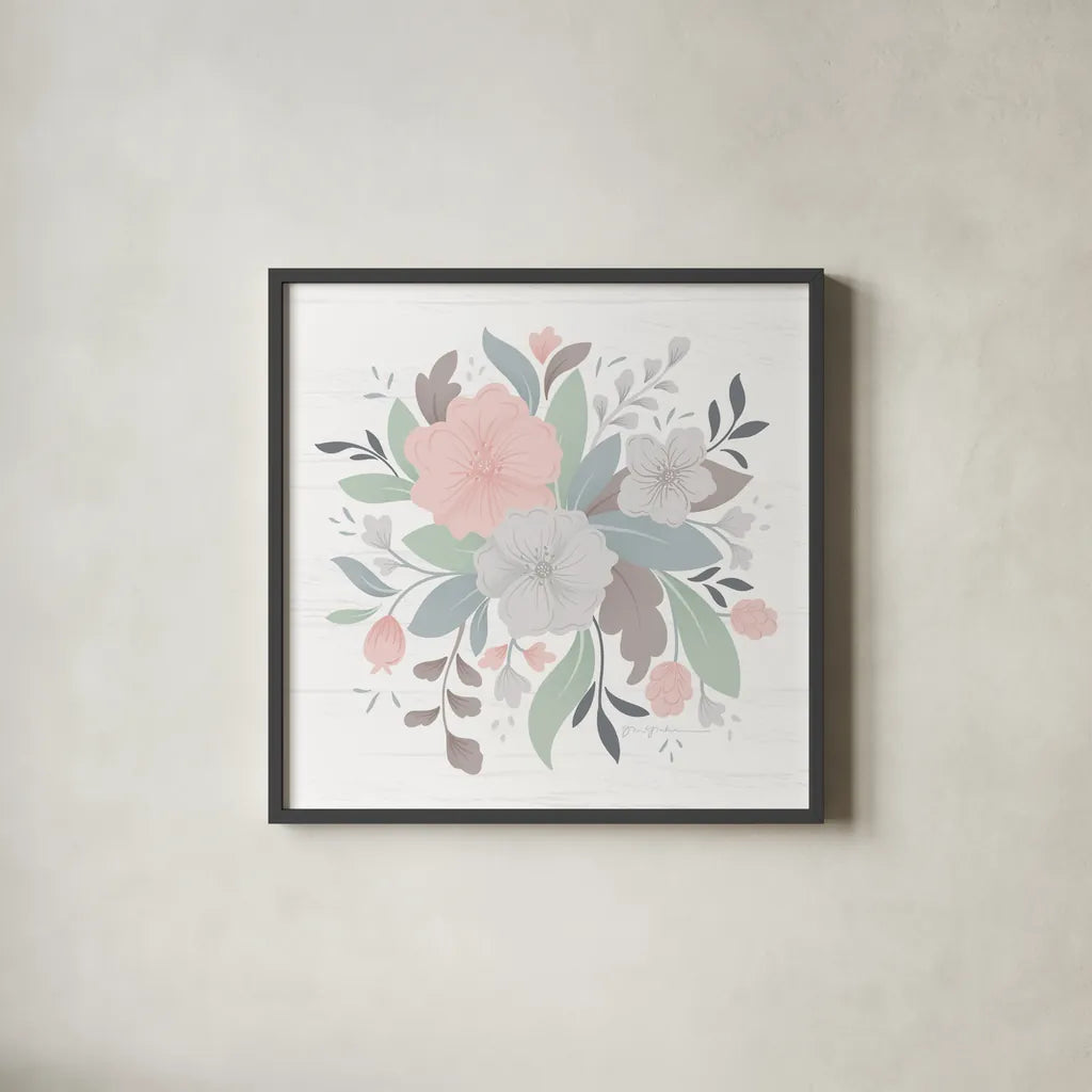 Farmhouse Floral III by Gia Graham. Shown in a sleek black glass frame for a contemporary gallery look. Available as an archival giclee rolled canvas, fine art paper, or poster print. SKU 68798a.
