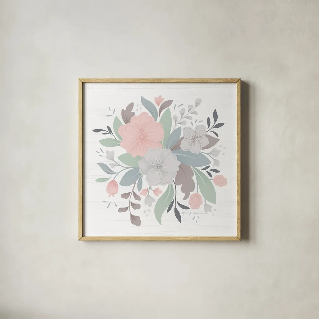 Farmhouse Floral III by Gia Graham. Shown in a natural wood glass frame for a timeless modern aesthetic. Available as an archival giclee rolled canvas, fine art paper, or poster print. SKU 68798a.