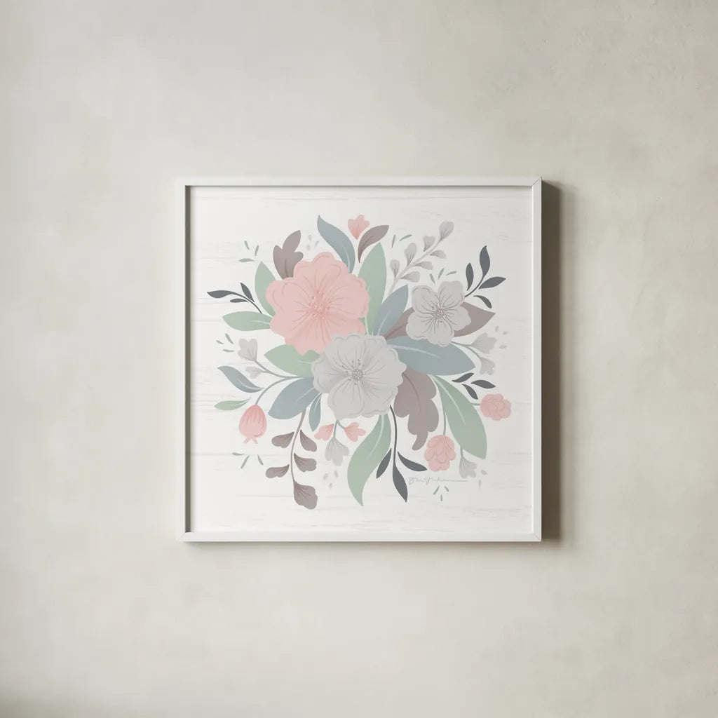 Farmhouse Floral III by Gia Graham. Shown in a crisp white glass frame for a clean and minimalist style. Available as an archival giclee rolled canvas, fine art paper, or poster print. SKU 68798a.