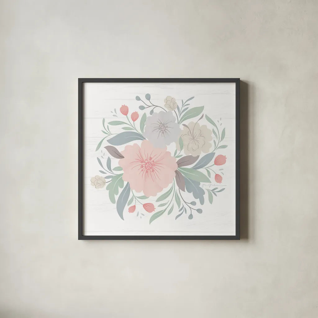 Farmhouse Floral IV by Gia Graham. Shown in a sleek black glass frame for a contemporary gallery look. Available as an archival giclee rolled canvas, fine art paper, or poster print. SKU 68799a.