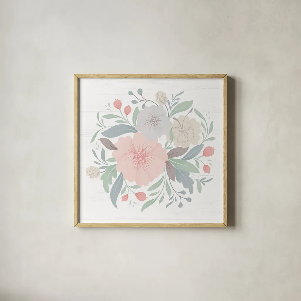 Farmhouse Floral IV by Gia Graham. Shown in a natural wood glass frame for a timeless modern aesthetic. Available as an archival giclee rolled canvas, fine art paper, or poster print. SKU 68799a.