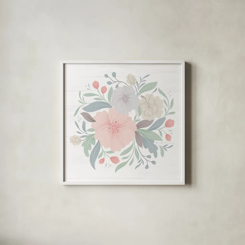 Farmhouse Floral IV by Gia Graham. Shown in a crisp white glass frame for a clean and minimalist style. Available as an archival giclee rolled canvas, fine art paper, or poster print. SKU 68799a.