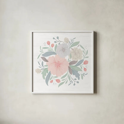 Farmhouse Floral IV by Gia Graham. Shown in a crisp white glass frame for a clean and minimalist style. Available as an archival giclee rolled canvas, fine art paper, or poster print. SKU 68799a.
