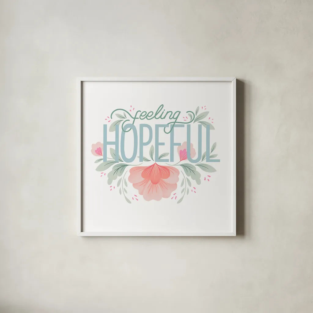 Feeling Hopeful I by Gia Graham. Shown in a crisp white glass frame for a clean and minimalist style. Available as an archival giclee rolled canvas, fine art paper, or poster print. SKU 75357a.