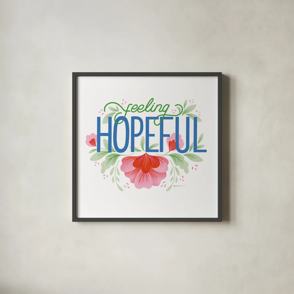 Feeling Hopeful I Bright by Gia Graham. Shown in a sleek black glass frame for a contemporary gallery look. Available as an archival giclee rolled canvas, fine art paper, or poster print. SKU 79553a.