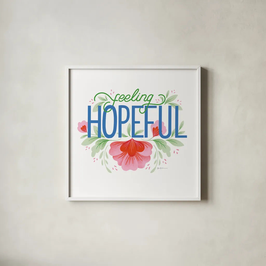Feeling Hopeful I Bright by Gia Graham. Shown in a crisp white glass frame for a clean and minimalist style. Available as an archival giclee rolled canvas, fine art paper, or poster print. SKU 79553a.