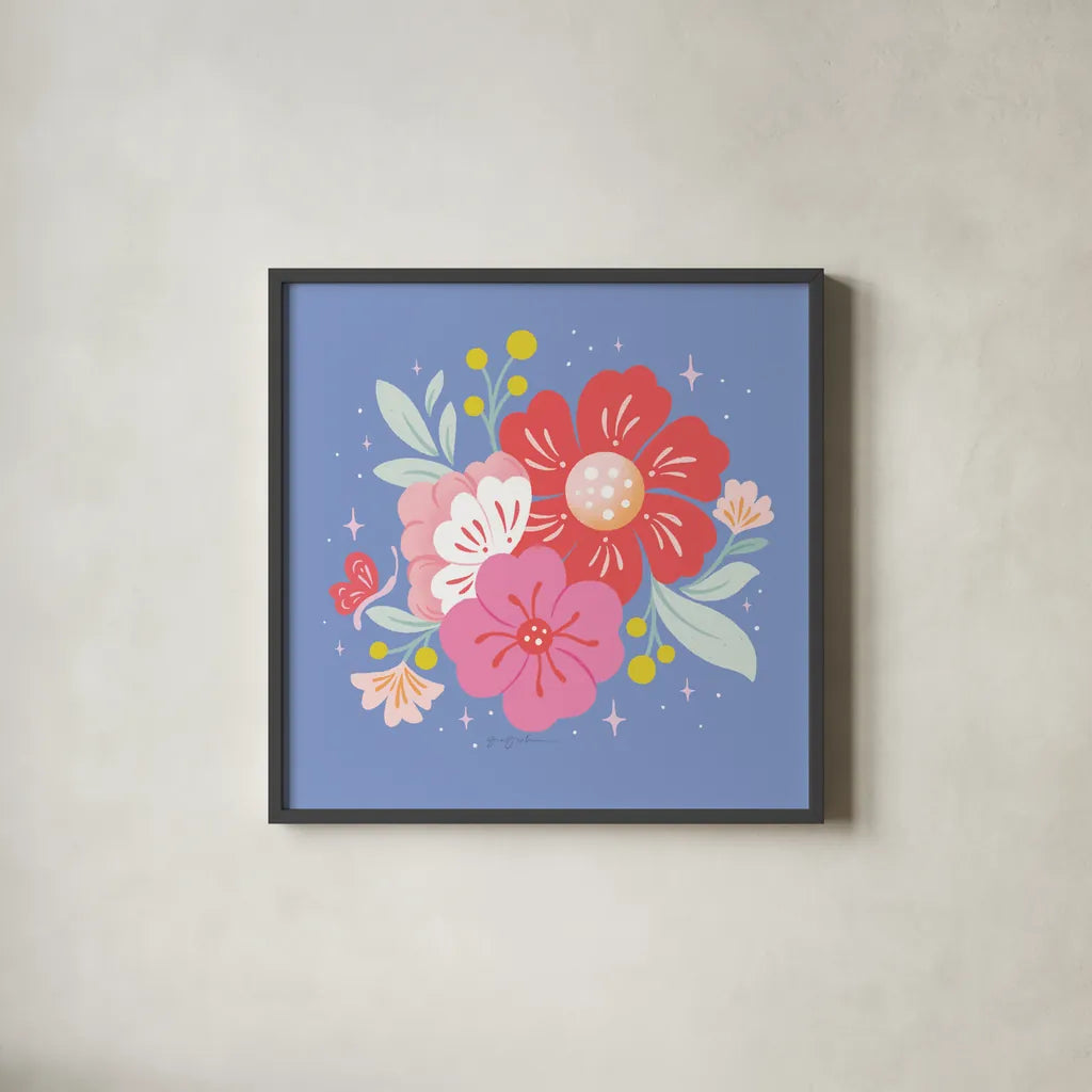 Floral Bouquet I by Gia Graham. Shown in a sleek black glass frame for a contemporary gallery look. Available as an archival giclee rolled canvas, fine art paper, or poster print. SKU 75088a.