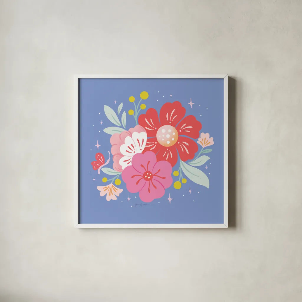 Floral Bouquet I by Gia Graham. Shown in a crisp white glass frame for a clean and minimalist style. Available as an archival giclee rolled canvas, fine art paper, or poster print. SKU 75088a.