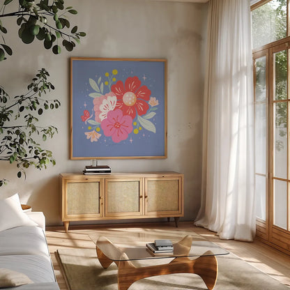Floral Bouquet I by Gia Graham. Shown in a natural wood frame in a cozy modern living room. Available as an archival giclee rolled canvas, fine art paper, or poster print. SKU 75088a.