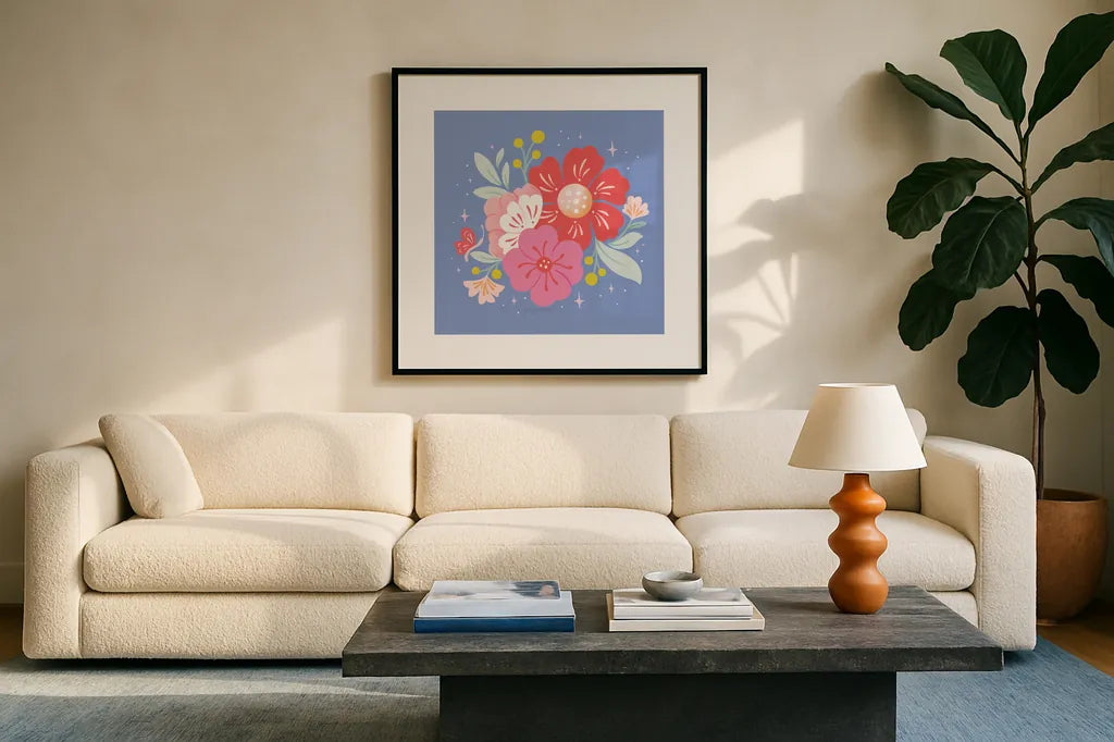 Floral Bouquet I by Gia Graham. Displayed in a glass frame with matte in a clean modern living room. Available as an archival giclee rolled canvas, fine art paper, or poster print. SKU 75088a.