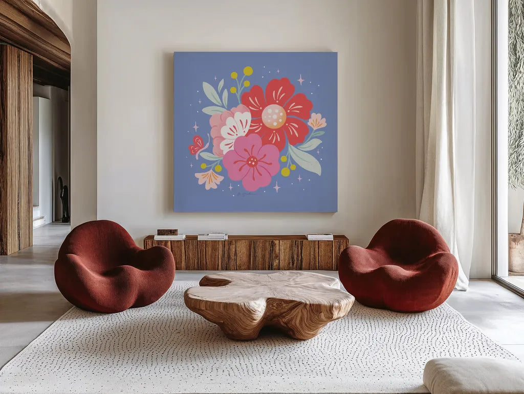 Floral Bouquet I by Gia Graham. Shown as extra-large giant wall art in a modern living room. Available as an archival giclee rolled canvas, fine art paper, or poster print. SKU 75088a.