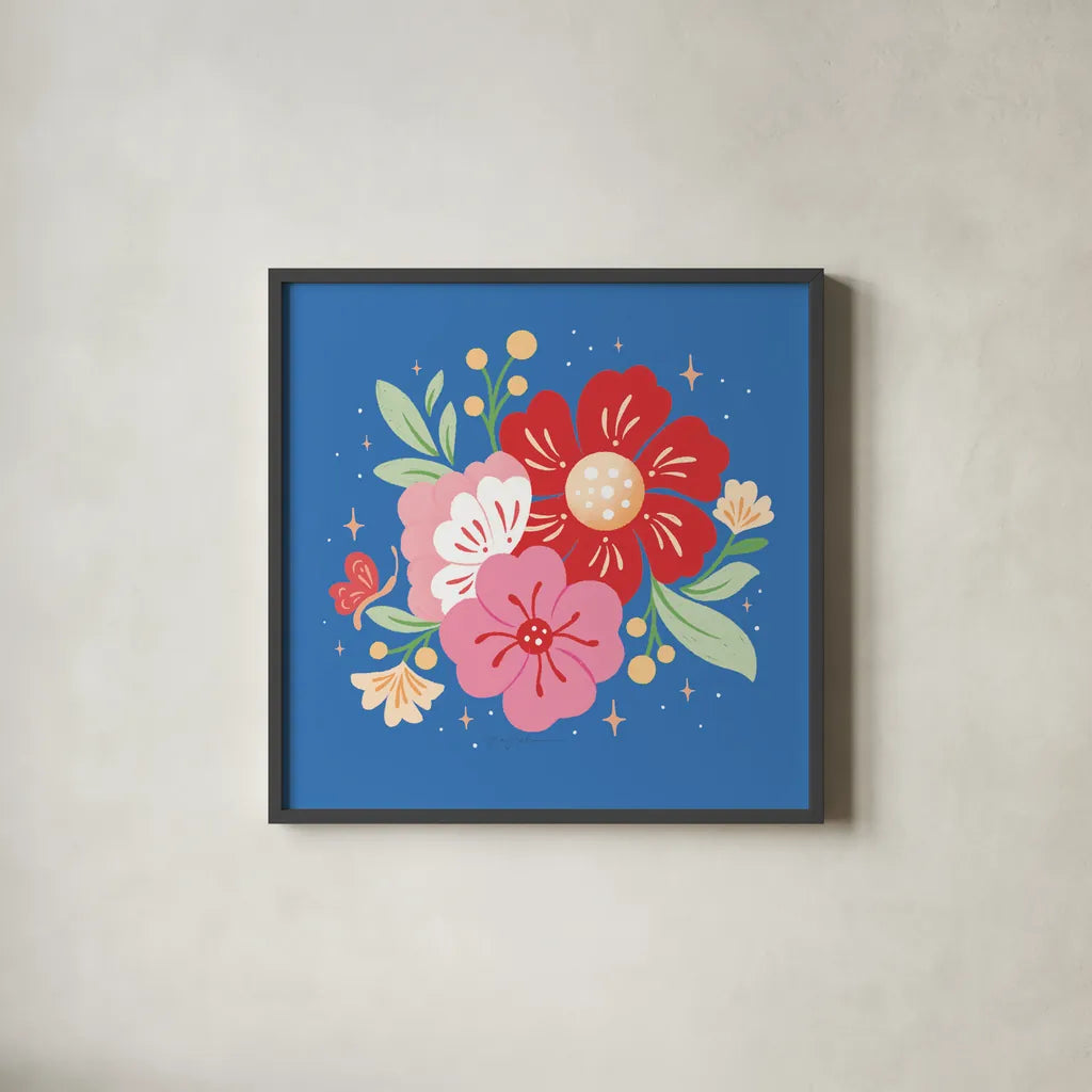 Floral Bouquet I Bright by Gia Graham. Shown in a sleek black glass frame for a contemporary gallery look. Available as an archival giclee rolled canvas, fine art paper, or poster print. SKU 79550a.