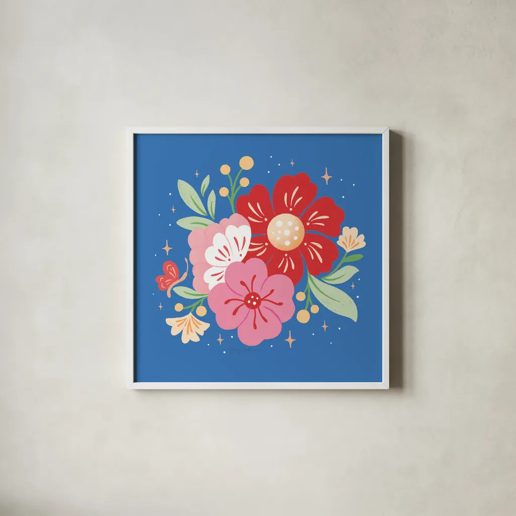 Floral Bouquet I Bright by Gia Graham. Shown in a crisp white glass frame for a clean and minimalist style. Available as an archival giclee rolled canvas, fine art paper, or poster print. SKU 79550a.