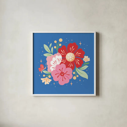 Floral Bouquet I Bright by Gia Graham. Shown in a crisp white glass frame for a clean and minimalist style. Available as an archival giclee rolled canvas, fine art paper, or poster print. SKU 79550a.