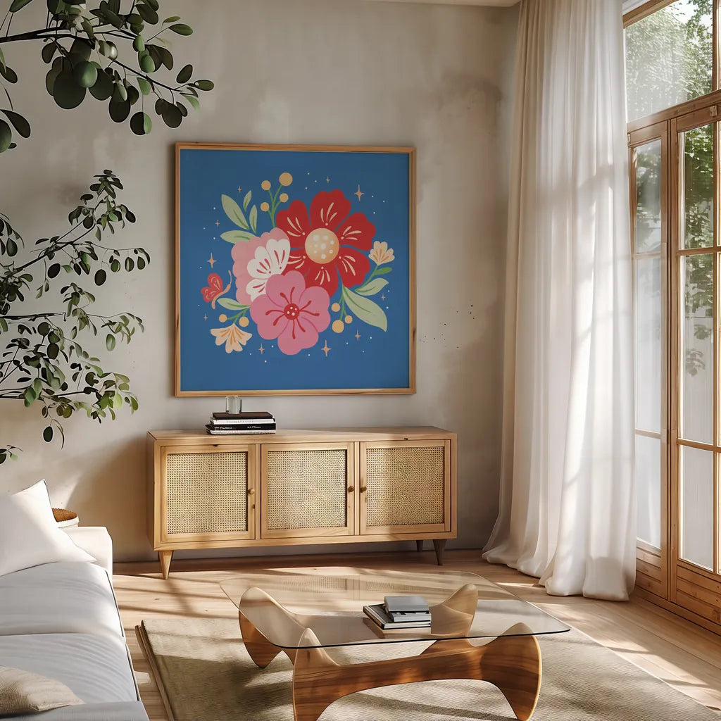 Floral Bouquet I Bright by Gia Graham. Shown in a natural wood frame in a cozy modern living room. Available as an archival giclee rolled canvas, fine art paper, or poster print. SKU 79550a.