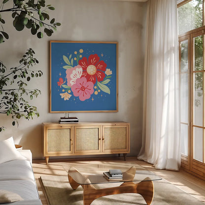 Floral Bouquet I Bright by Gia Graham. Shown in a natural wood frame in a cozy modern living room. Available as an archival giclee rolled canvas, fine art paper, or poster print. SKU 79550a.