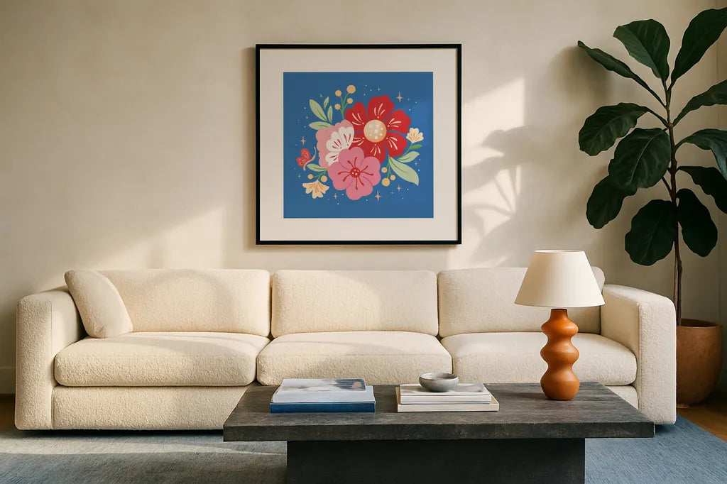 Floral Bouquet I Bright by Gia Graham. Displayed in a glass frame with matte in a clean modern living room. Available as an archival giclee rolled canvas, fine art paper, or poster print. SKU 79550a.