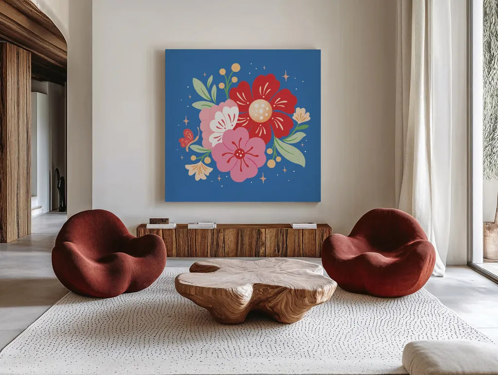 Floral Bouquet I Bright by Gia Graham. Shown as extra-large giant wall art in a modern living room. Available as an archival giclee rolled canvas, fine art paper, or poster print. SKU 79550a.