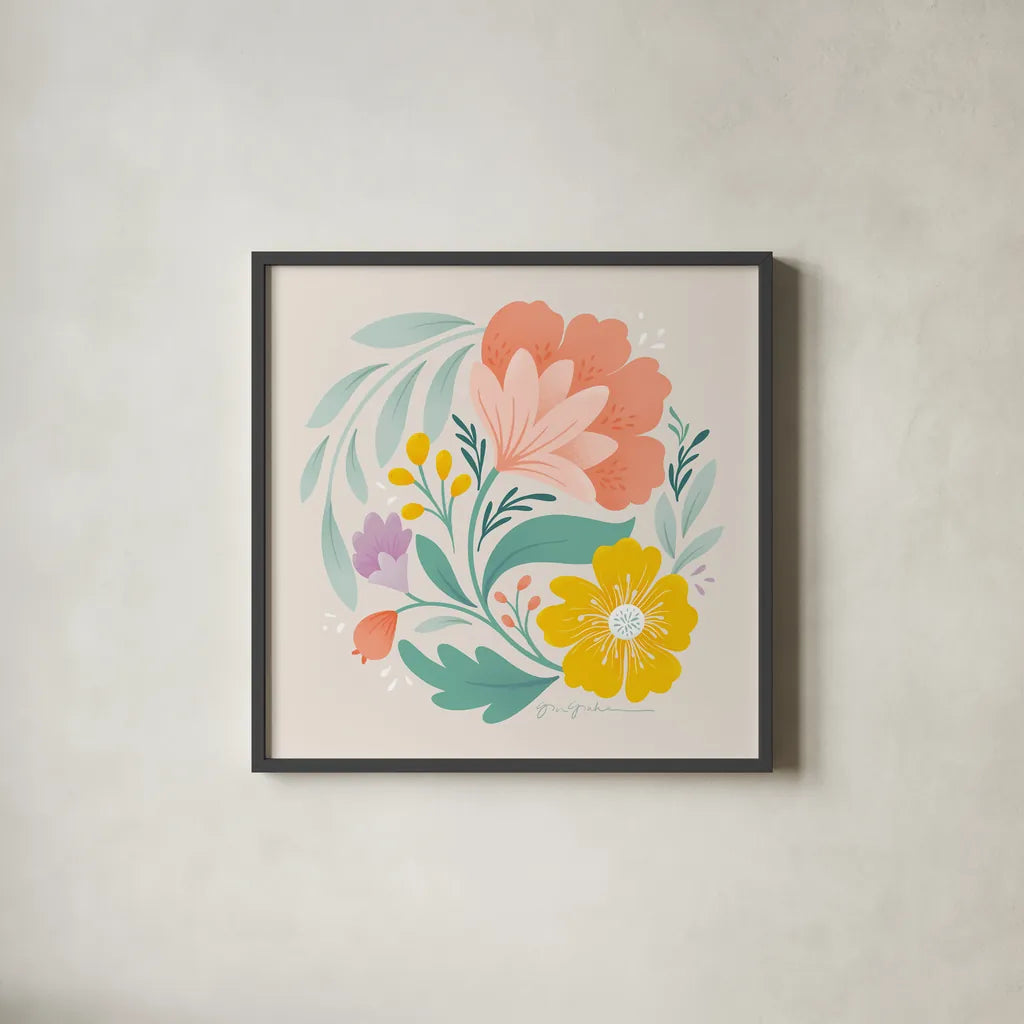 Floral Study I by Gia Graham. Shown in a sleek black glass frame for a contemporary gallery look. Available as an archival giclee rolled canvas, fine art paper, or poster print. SKU 73722a.
