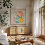 Floral Study I by Gia Graham. Shown in a natural wood frame in a cozy modern living room. Available as an archival giclee rolled canvas, fine art paper, or poster print. SKU 73722a.