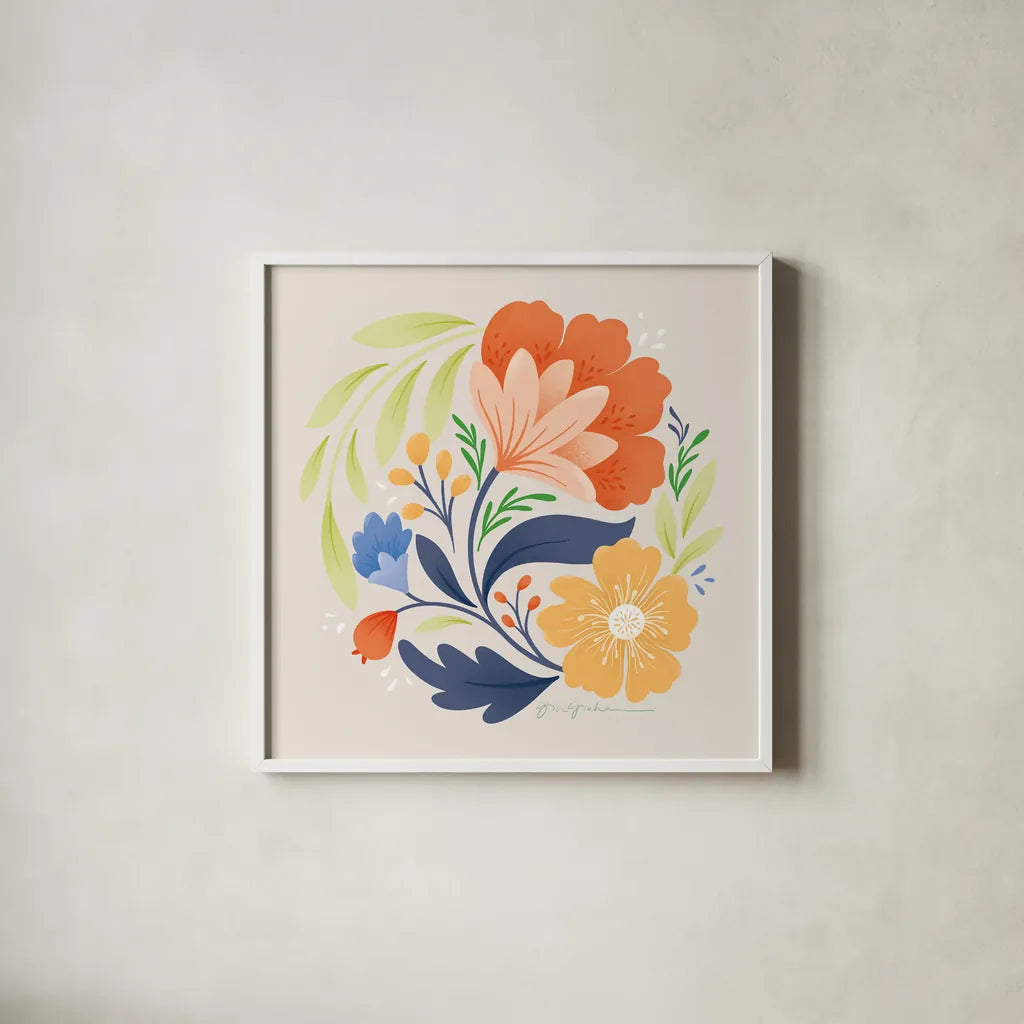Floral Study I Bright by Gia Graham. Shown in a crisp white glass frame for a clean and minimalist style. Available as an archival giclee rolled canvas, fine art paper, or poster print. SKU 79544a.