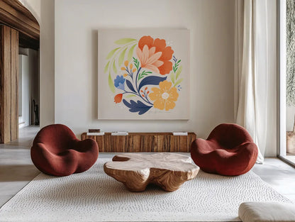 Floral Study I Bright by Gia Graham. Shown as extra-large giant wall art in a modern living room. Available as an archival giclee rolled canvas, fine art paper, or poster print. SKU 79544a.