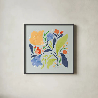 Floral Study II Bright by Gia Graham. Shown in a sleek black glass frame for a contemporary gallery look. Available as an archival giclee rolled canvas, fine art paper, or poster print. SKU 79545a.