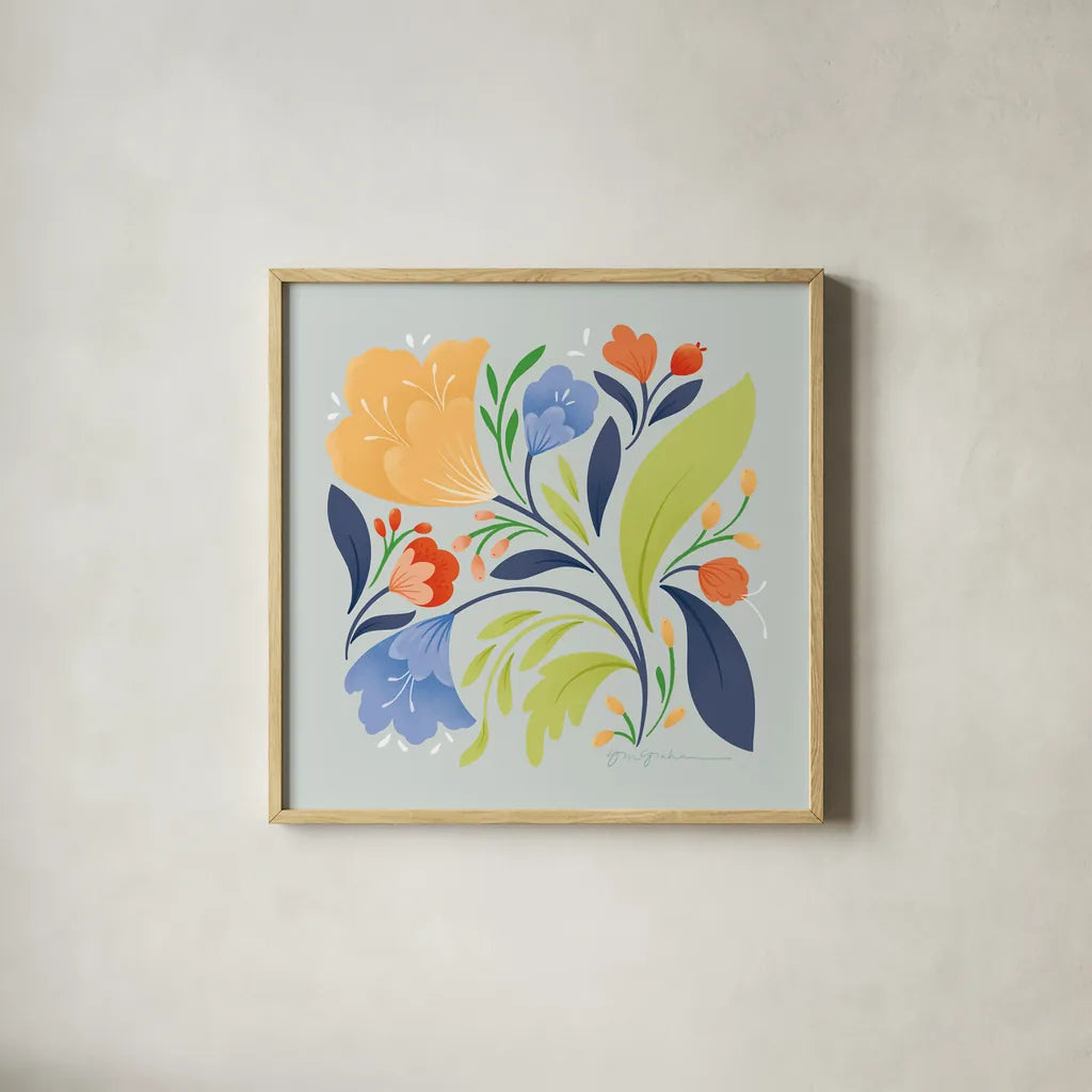 Floral Study II Bright by Gia Graham. Shown in a natural wood glass frame for a timeless modern aesthetic. Available as an archival giclee rolled canvas, fine art paper, or poster print. SKU 79545a.