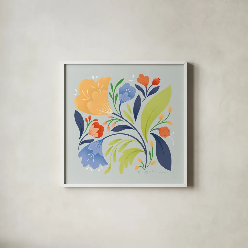 Floral Study II Bright by Gia Graham. Shown in a crisp white glass frame for a clean and minimalist style. Available as an archival giclee rolled canvas, fine art paper, or poster print. SKU 79545a.