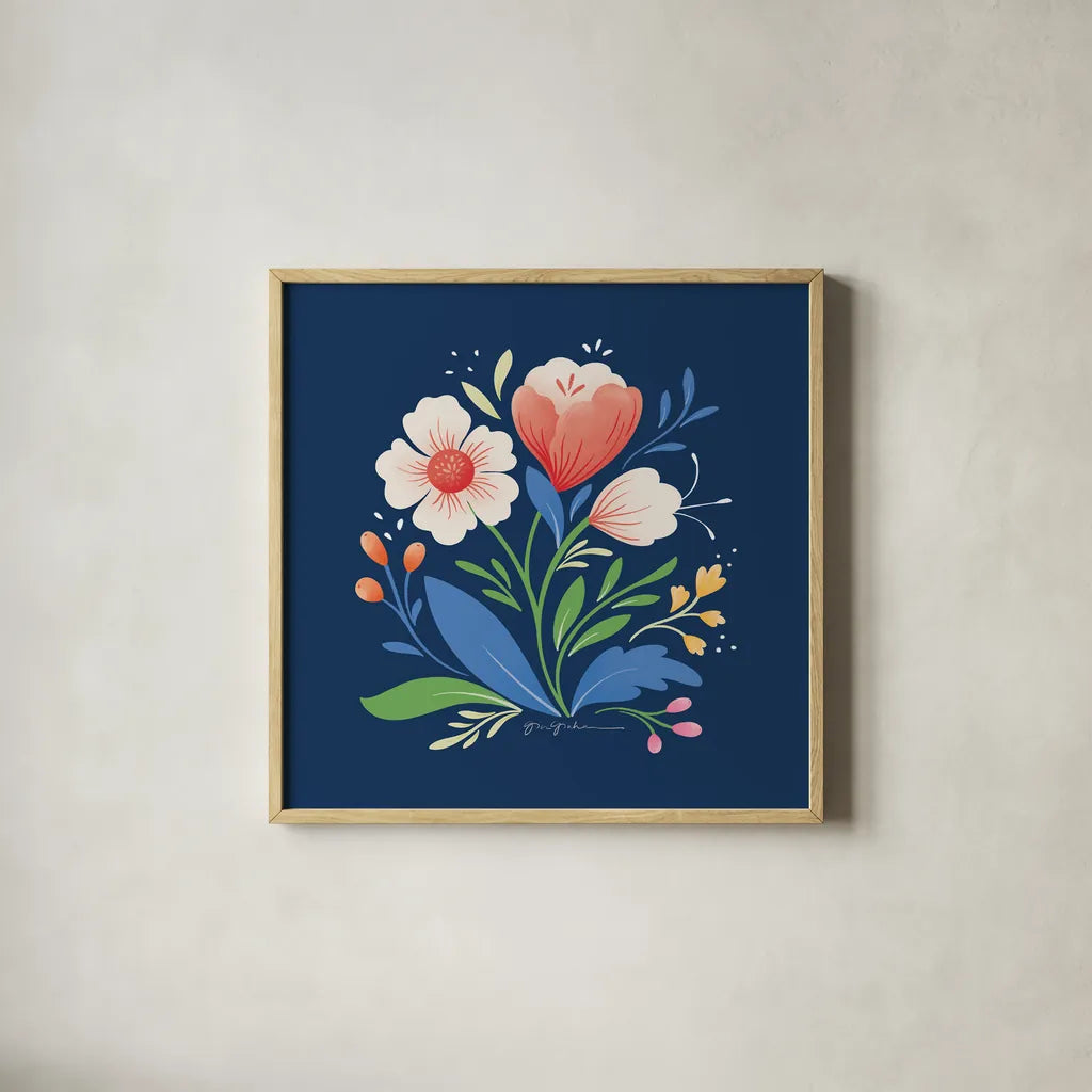 Flower Field I Bright Sq by Gia Graham. Shown in a natural wood glass frame for a timeless modern aesthetic. Available as an archival giclee rolled canvas, fine art paper, or poster print. SKU 79541a.