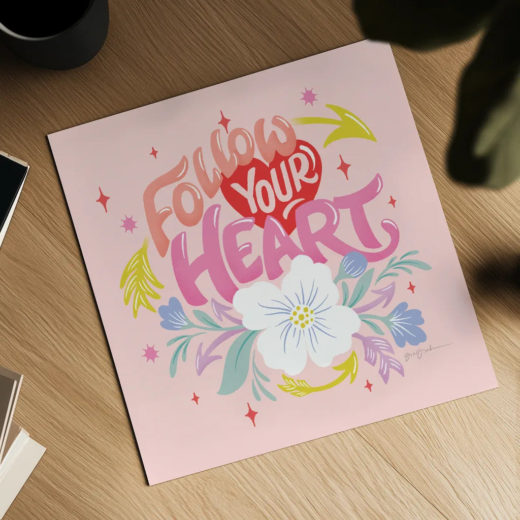Follow Your Heart I Sq by Gia Graham. Shown as a detailed flat fine art print, highlighting archival giclee quality. Available as an archival giclee rolled canvas, fine art paper, or poster print. SKU 75071a.