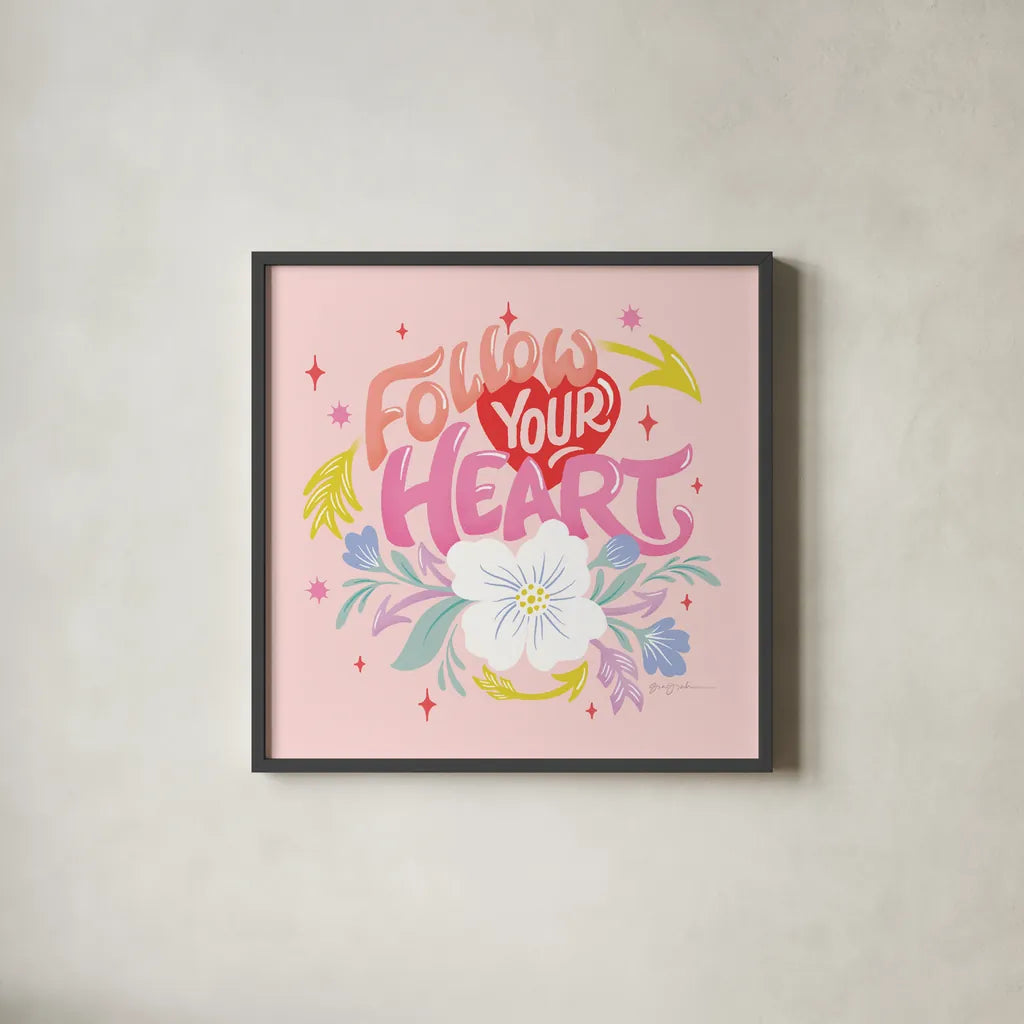 Follow Your Heart I Sq by Gia Graham. Shown in a sleek black glass frame for a contemporary gallery look. Available as an archival giclee rolled canvas, fine art paper, or poster print. SKU 75071a.