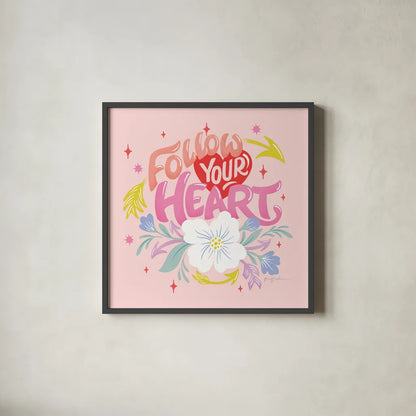 Follow Your Heart I Sq by Gia Graham. Shown in a sleek black glass frame for a contemporary gallery look. Available as an archival giclee rolled canvas, fine art paper, or poster print. SKU 75071a.