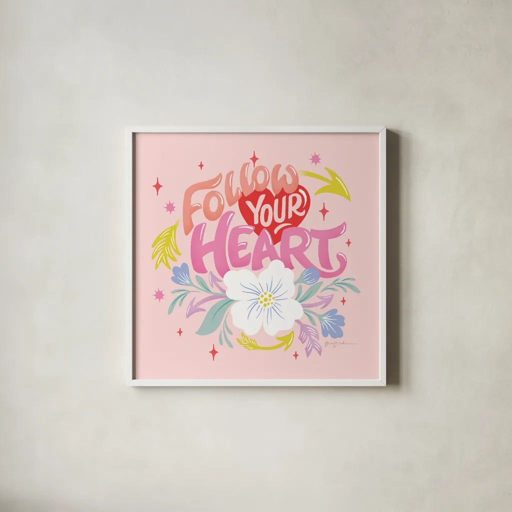 Follow Your Heart I Sq by Gia Graham. Shown in a crisp white glass frame for a clean and minimalist style. Available as an archival giclee rolled canvas, fine art paper, or poster print. SKU 75071a.