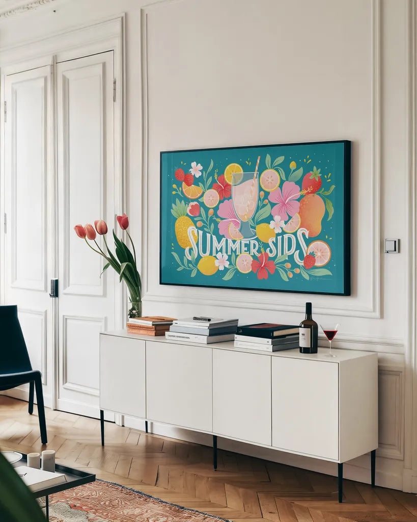 Fruit Punch I by Gia Graham. shown as a framed stretched canvas in a living room above a console. Available as a archival giclee rolled canvas, fine art paper, or poster print. SKU 82880i.