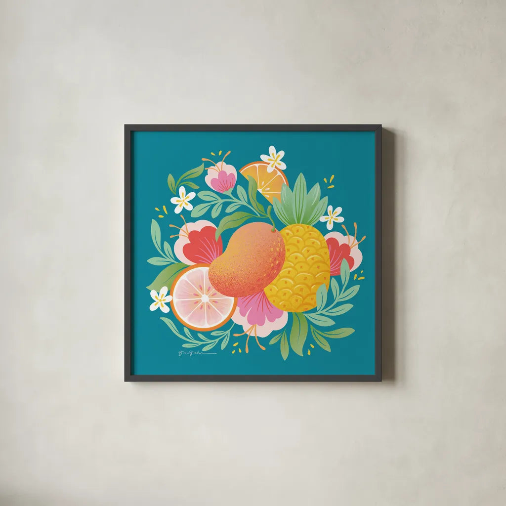 Fruit Punch II by Gia Graham. Shown in a sleek black glass frame for a contemporary gallery look. Available as an archival giclee rolled canvas, fine art paper, or poster print. SKU 82881a.