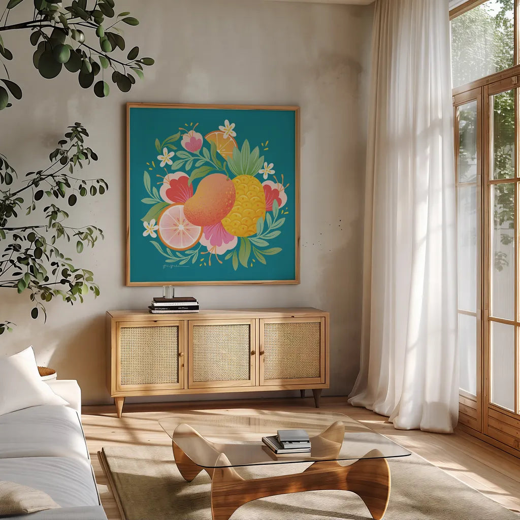 Fruit Punch II by Gia Graham. Shown in a natural wood frame in a cozy modern living room. Available as an archival giclee rolled canvas, fine art paper, or poster print. SKU 82881a.