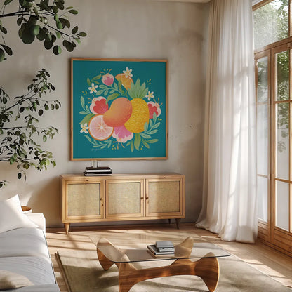 Fruit Punch II by Gia Graham. Shown in a natural wood frame in a cozy modern living room. Available as an archival giclee rolled canvas, fine art paper, or poster print. SKU 82881a.