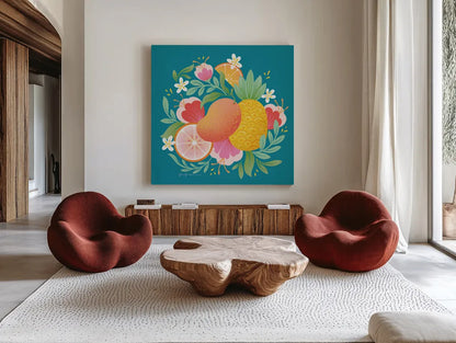 Fruit Punch II by Gia Graham. Shown as extra-large giant wall art in a modern living room. Available as an archival giclee rolled canvas, fine art paper, or poster print. SKU 82881a.