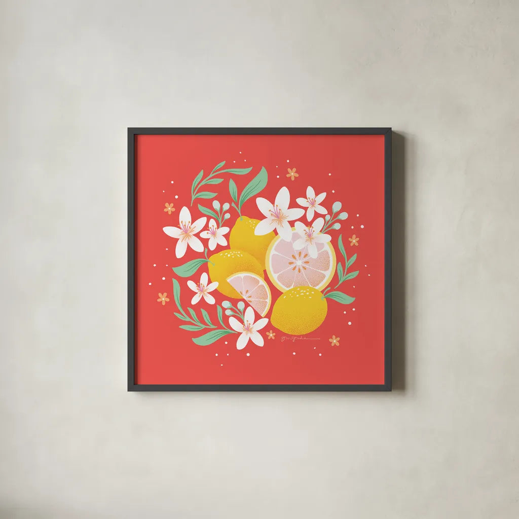 Fruit Punch III by Gia Graham. Shown in a sleek black glass frame for a contemporary gallery look. Available as an archival giclee rolled canvas, fine art paper, or poster print. SKU 82882a.