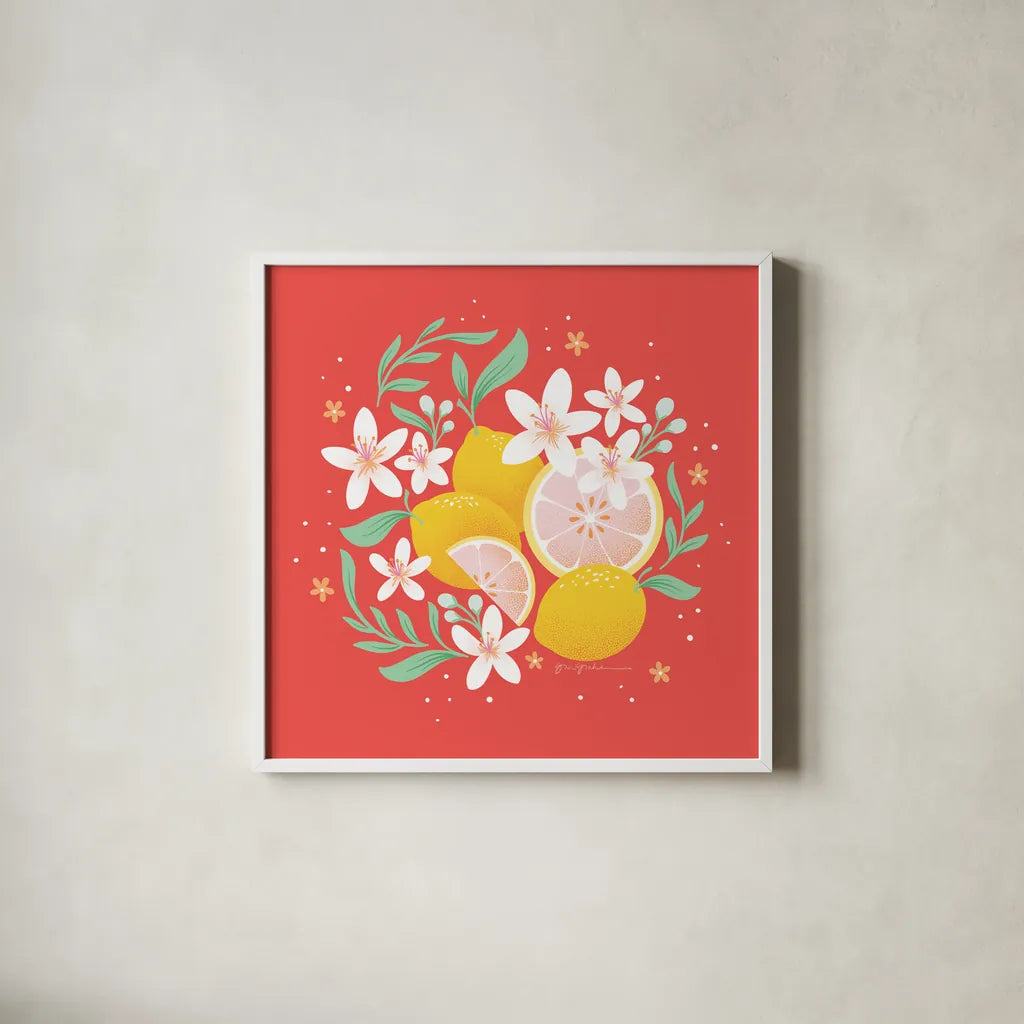 Fruit Punch III by Gia Graham. Shown in a crisp white glass frame for a clean and minimalist style. Available as an archival giclee rolled canvas, fine art paper, or poster print. SKU 82882a.