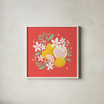 Fruit Punch III by Gia Graham. Shown in a crisp white glass frame for a clean and minimalist style. Available as an archival giclee rolled canvas, fine art paper, or poster print. SKU 82882a.